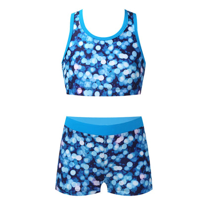 Kids Girls Athletic Tankini Set Swimsuit Racer Back Vest Bra Top + Bottoms Print Sport Bathing Suit For Beach Pool Swimming