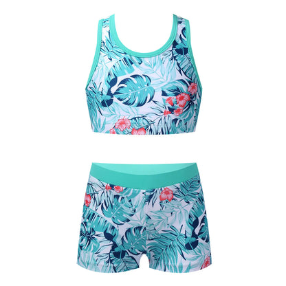 Kids Girls Athletic Tankini Set Swimsuit Racer Back Vest Bra Top + Bottoms Print Sport Bathing Suit For Beach Pool Swimming