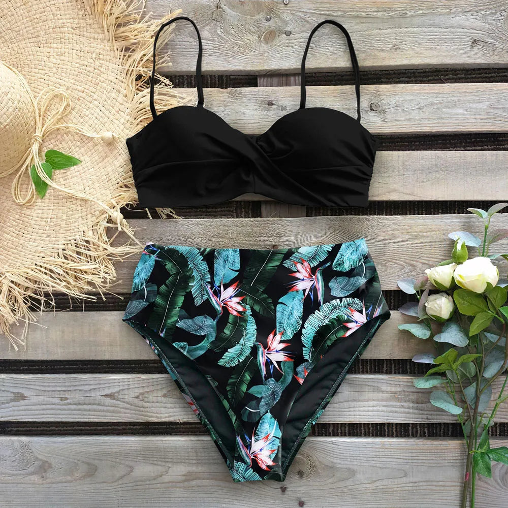 Leaf Print Bikini Female Swimsuit Women Swimwear Thong Push Up Bikinis Set High Waist Swimming Suits for Bathing Suit