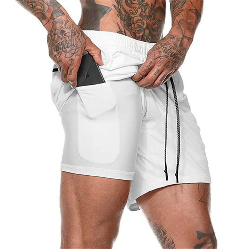European Men's Sports Summer Double Layer Mobile Phone Pants Gym Exercise Jogging Training Shorts