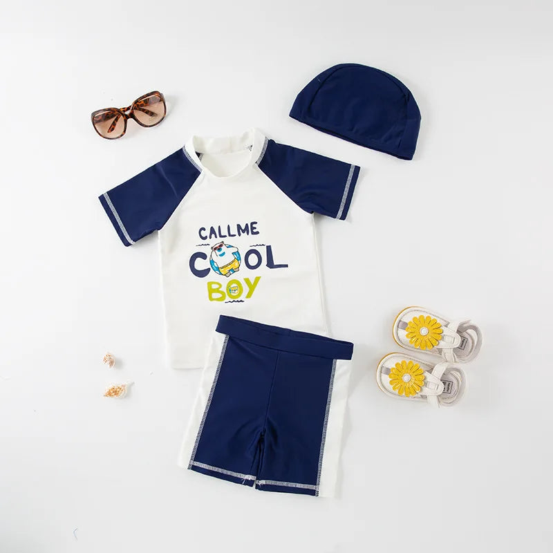 Boys' Cartoon Rash Guard Swim Set with Shorts & Hat