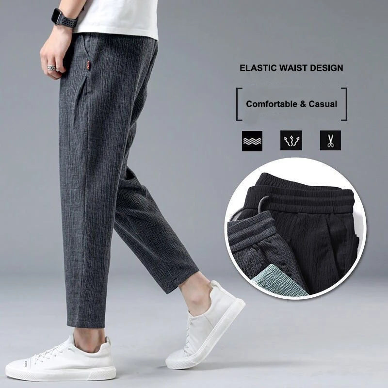 Ice Silk Linen Man Sport Pants Casual Wide Summer Sweatpants Male Drawstring Spring Autumn Lightweight Halking Harem Trousers