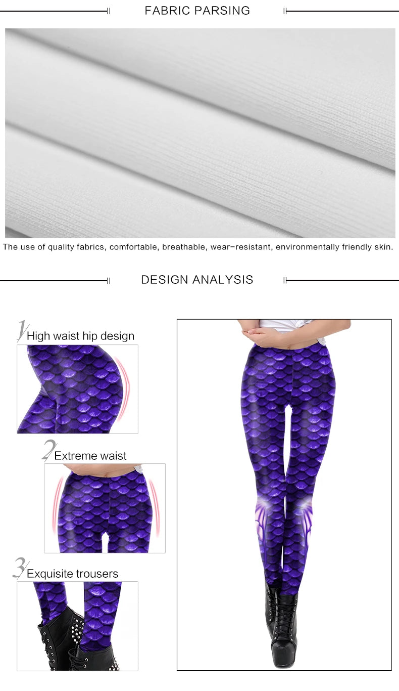NADANBAO Purple Mermaid Fish Scales Leggings High Waist Stretchy Pants Fitness Workout Push Up Leggings