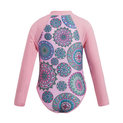 Summer Swimming One-piece Kids Girls Swimsuit Rash Guard Long Sleeves Palm Printed Zippered Bathing Suit Swimwear Beach Wear