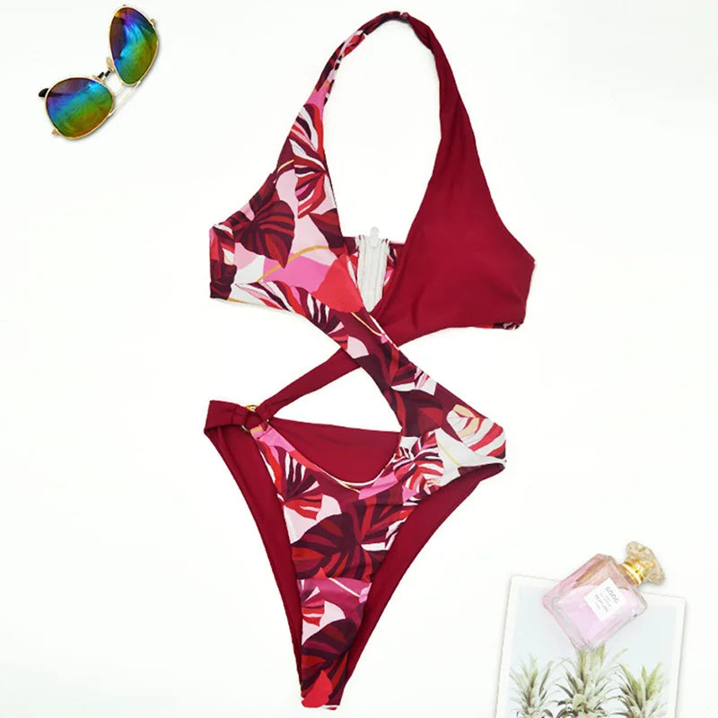 High Cut Out Halter Female Swimwear One Piece Swimsuit Women Cross Bandage Monokini Bather Bathing Suit Swim Bodysuit