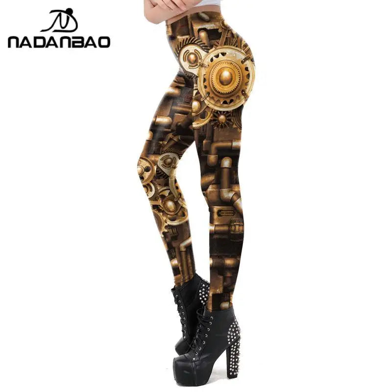 NADANBAO Gold Metal Gear Punk Leggings Women Fashion Steampunk Machinery