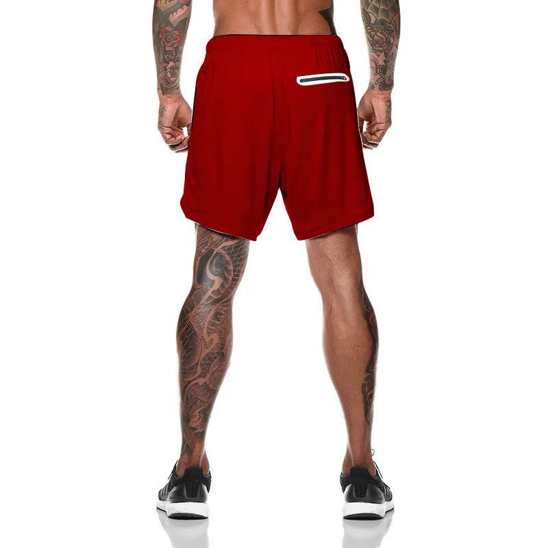European Men's Sports Summer Double Layer Mobile Phone Pants Gym Exercise Jogging Training Shorts