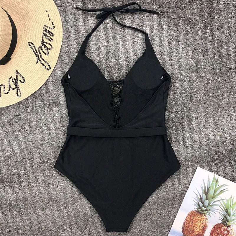 Lace Up Halter Female Swimwear One Piece Swimsuit Women Backless Monokini with Waist Belt Bathing Suit Swim Bodysuit