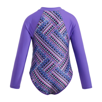 Summer Swimming One-piece Kids Girls Swimsuit Rash Guard Long Sleeves Palm Printed Zippered Bathing Suit Swimwear Beach Wear