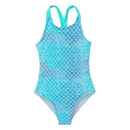 Little Girls Mermaid Fish Scales Swimsuit Sleeveless Cartoon Print One-piece Swimwear Summer Beachwear Bathing Suit