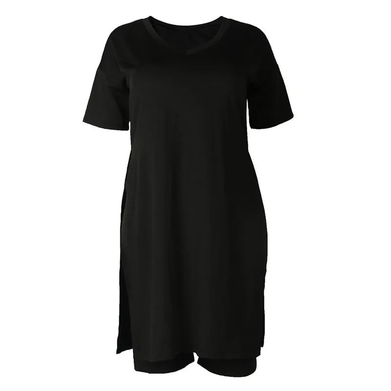 Plus Size Women Clothing Two Piece Set 4xl Summer Slip HemTop Shorts Suit Casual Tracksuit Streetwear