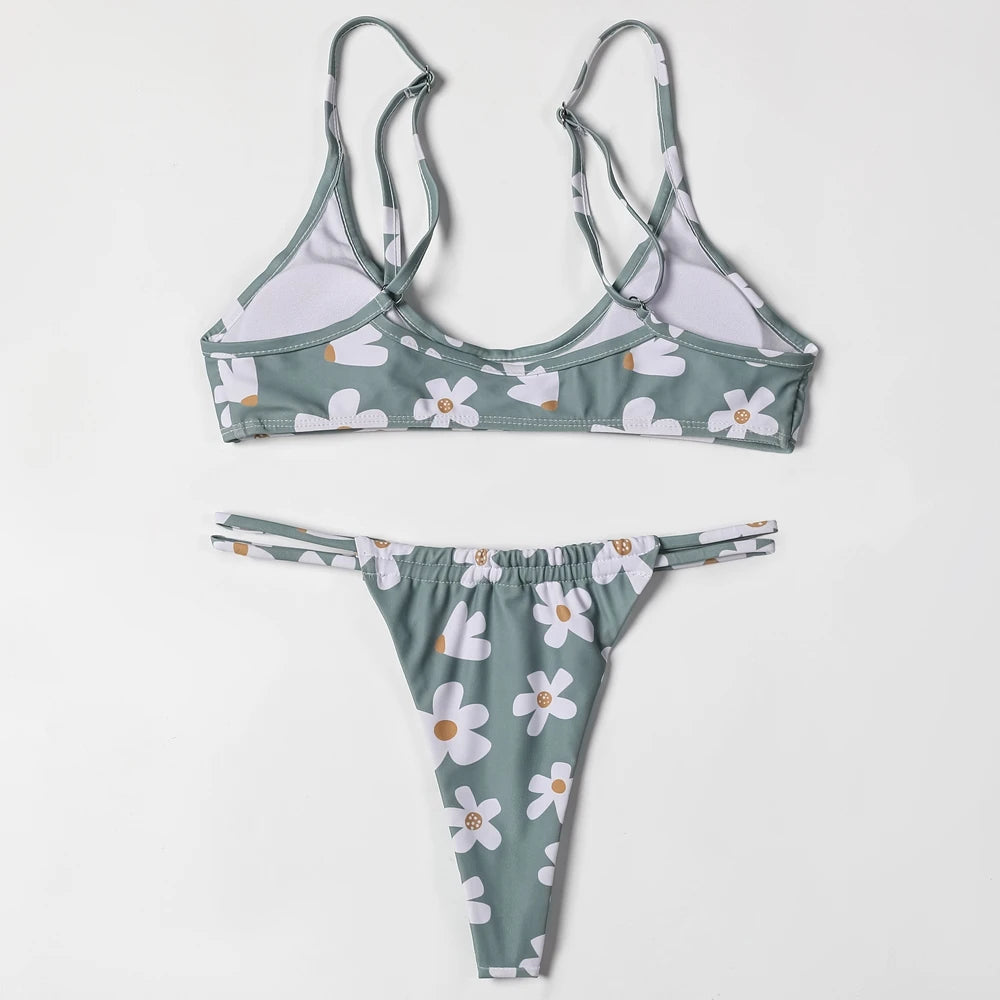Swimwear Women Floral Print Sexy Bikini Straps Padded Bra Low Waist Swimsuit Female Bathers