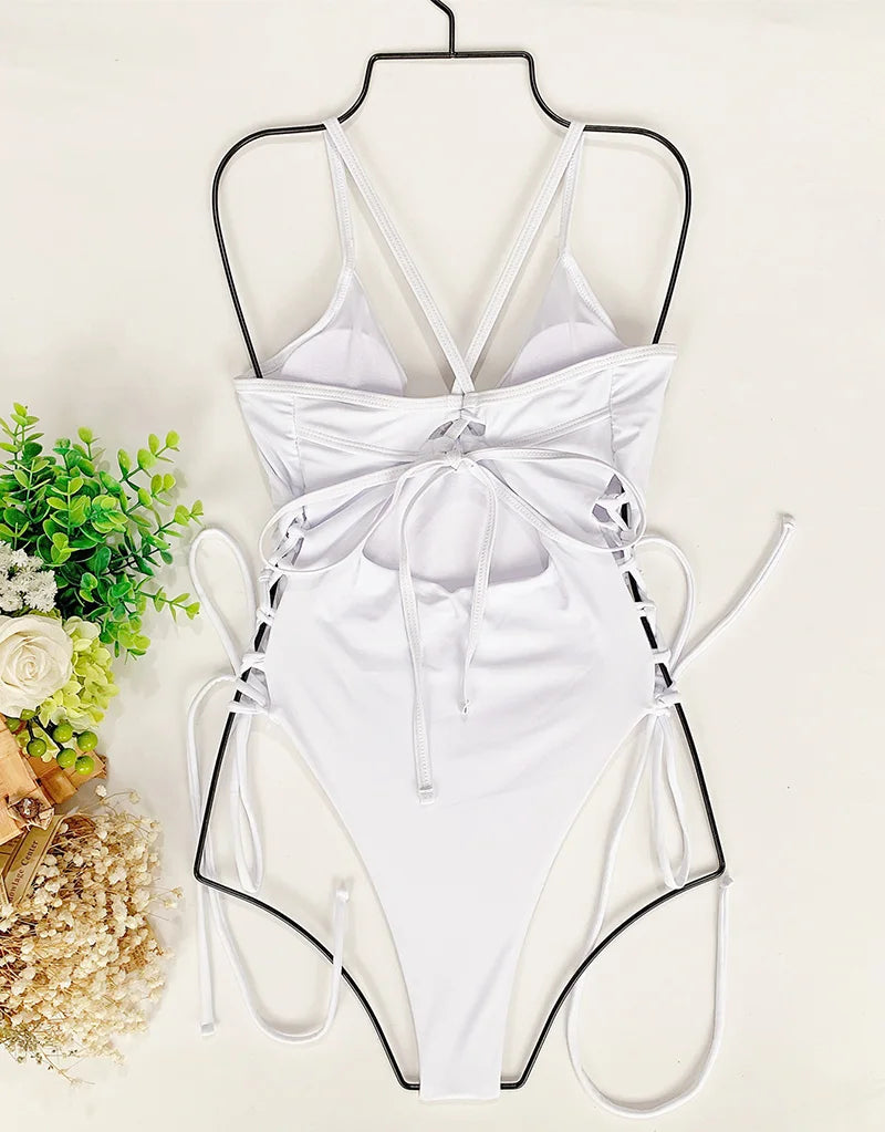 Splicing High Cut Out One Piece Swimsuit Women Tassel Swimwear Female Bathing Suit String Leopard Bikini Monokini Lady