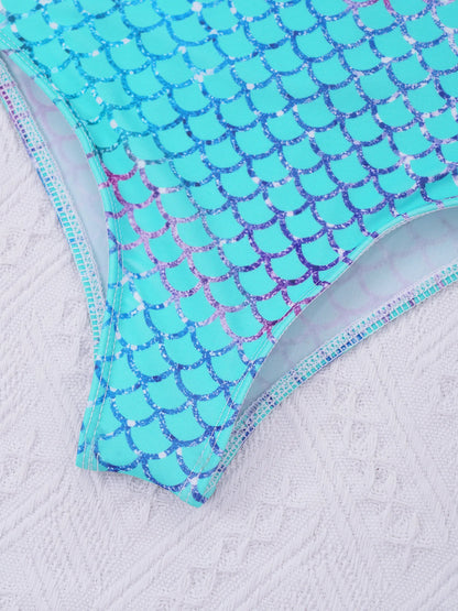 Little Girls Mermaid Fish Scales Swimsuit Sleeveless Cartoon Print One-piece Swimwear Summer Beachwear Bathing Suit