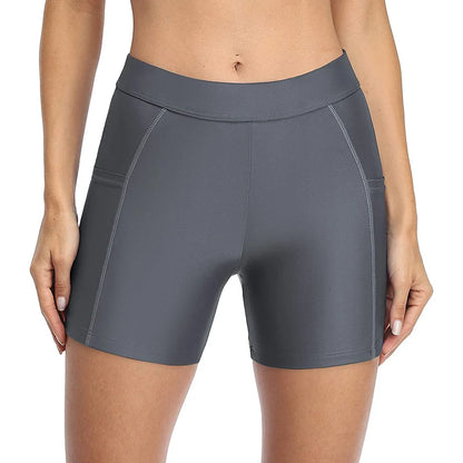 Women's Board Shorts with Pockets Solid Swimming Shorts High Rise Swim Bottoms Solid Swimwear Trunks