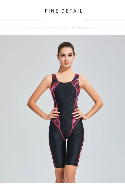 Quick Dry Swimwear Professional Knee Length Round Neck Swimsuit Women One Piece Sport Bathing Suit Rashguard Surf