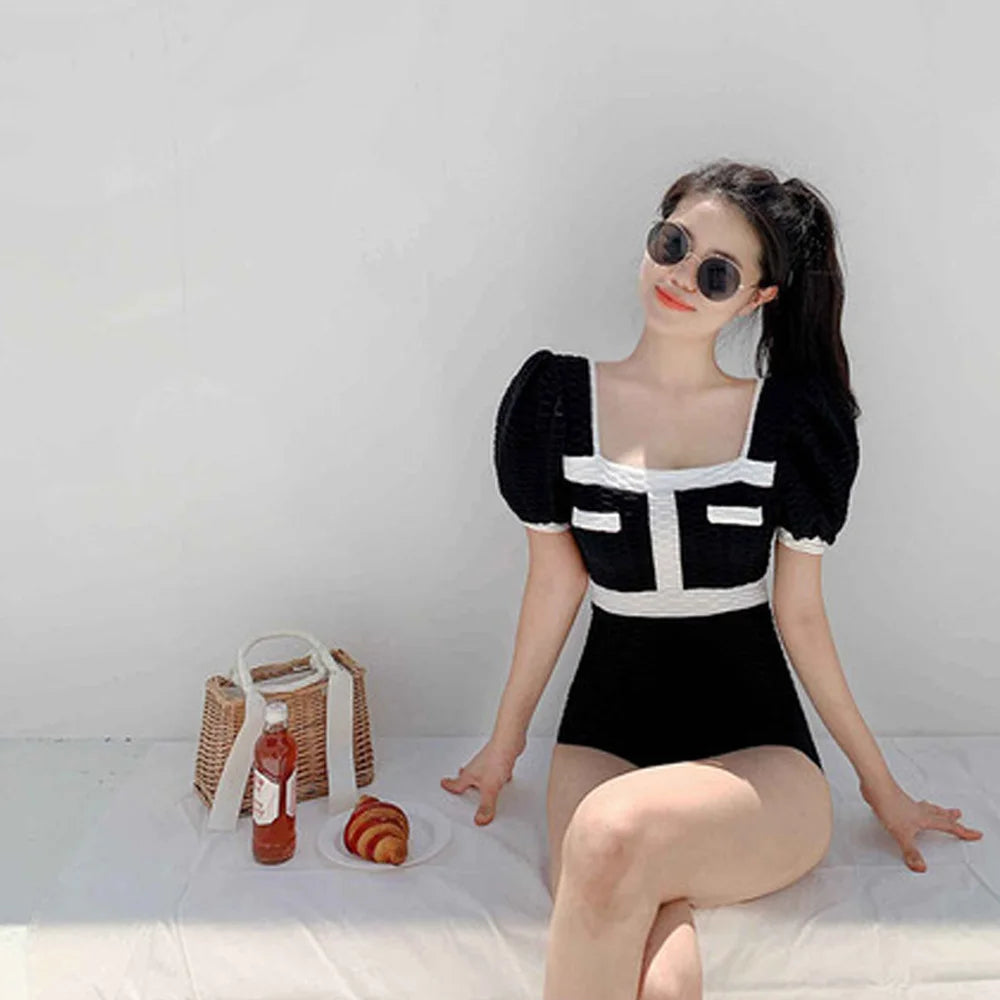 White Swimwear Women One Piece Swimsuit Female Korean Short Sleeve Bathing Suit High Waist Hollow Monokini