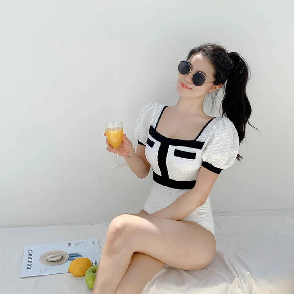 White Swimwear Women One Piece Swimsuit Female Korean Short Sleeve Bathing Suit High Waist Hollow Monokini
