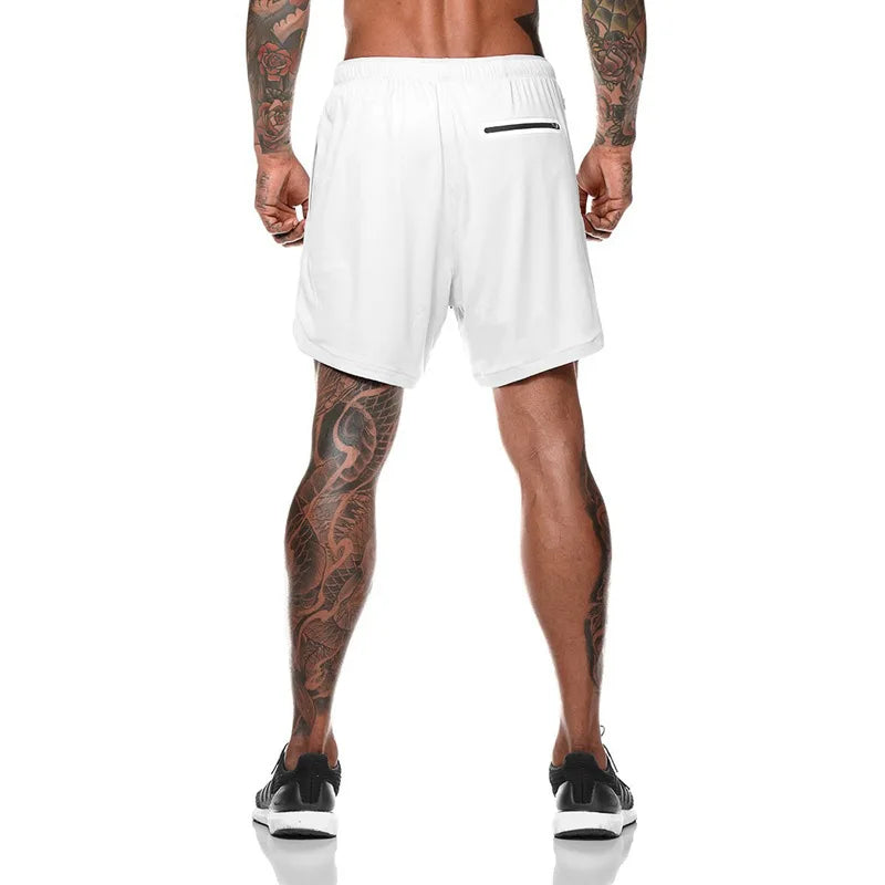European Men's Sports Summer Double Layer Mobile Phone Pants Gym Exercise Jogging Training Shorts