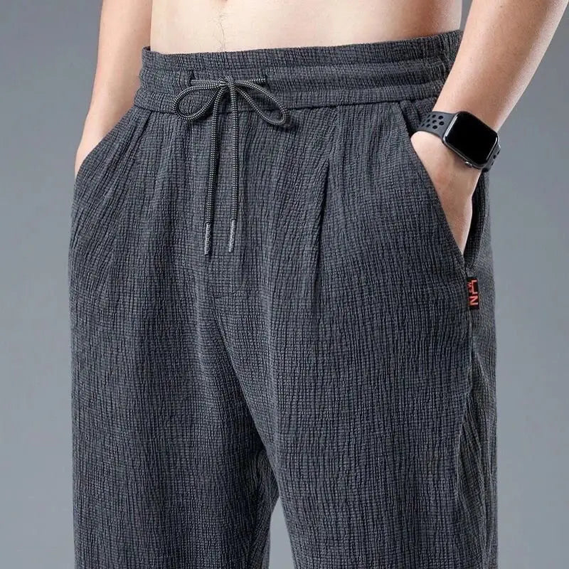 Ice Silk Linen Man Sport Pants Casual Wide Summer Sweatpants Male Drawstring Spring Autumn Lightweight Halking Harem Trousers