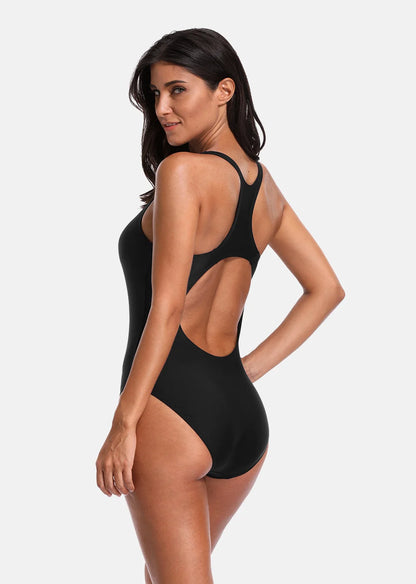 Anfilia Women One Piece Sports Swimwear Watercolor Printed Sports Swimsuit Cutout Sexy Colorblock Bodysuit Fitness Monokini
