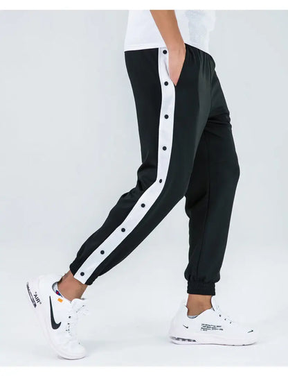 Harajuku Fashion Sports Men Pants Daily Outdoor Basketball Sweatpants Hollow Out Side Stripe Button Fly Design Creative Trousers
