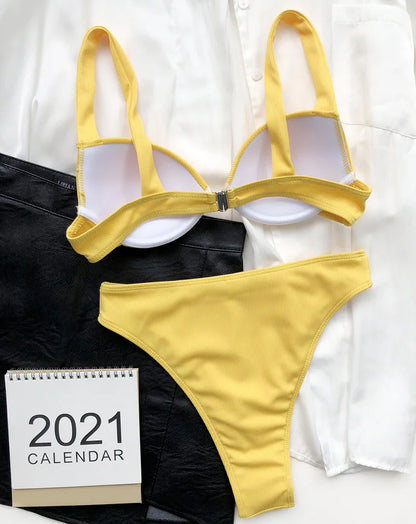 Ribbed Bra Cup High Waist Bikini Women Swimsuit Female Swimwear Two Pieces Bikini set Push Up Bather Bathing Suit Swim Lady