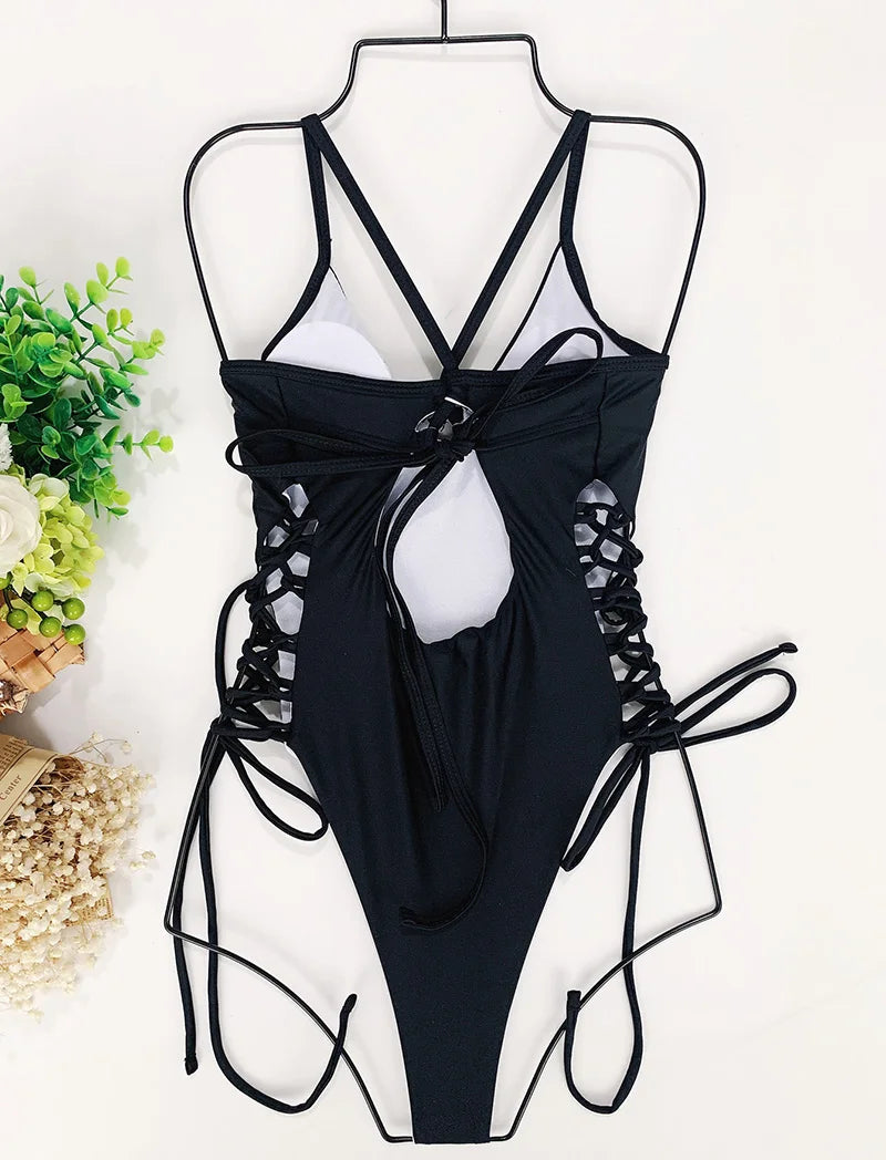 Splicing High Cut Out One Piece Swimsuit Women Tassel Swimwear Female Bathing Suit String Leopard Bikini Monokini Lady