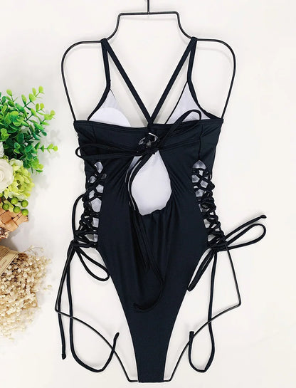 Splicing High Cut Out One Piece Swimsuit Women Tassel Swimwear Female Bathing Suit String Leopard Bikini Monokini Lady