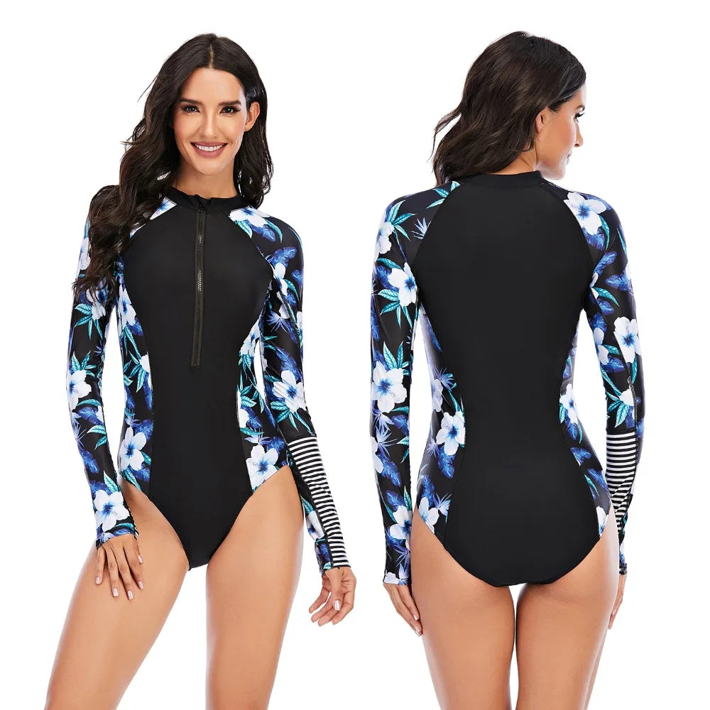Women 2XL Diving Rashguard Long Sleeve UV Sun Protection Swimsuit Zipper Swimwear Printed Surfing Suit Rash Guards Bathing Suit