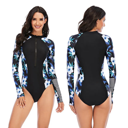 Women 2XL Diving Rashguard Long Sleeve UV Sun Protection Swimsuit Zipper Swimwear Printed Surfing Suit Rash Guards Bathing Suit