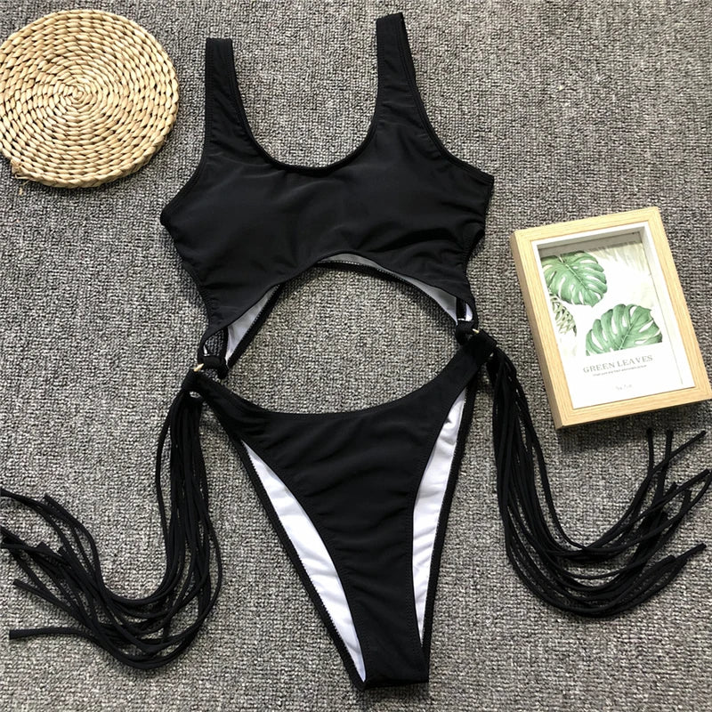 Splicing High Cut Out One Piece Swimsuit Women Tassel Swimwear Female Bathing Suit String Leopard Bikini Monokini Lady