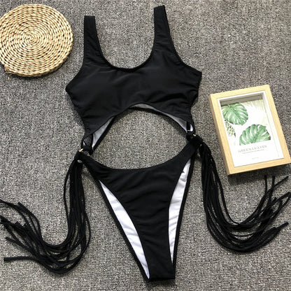 Splicing High Cut Out One Piece Swimsuit Women Tassel Swimwear Female Bathing Suit String Leopard Bikini Monokini Lady