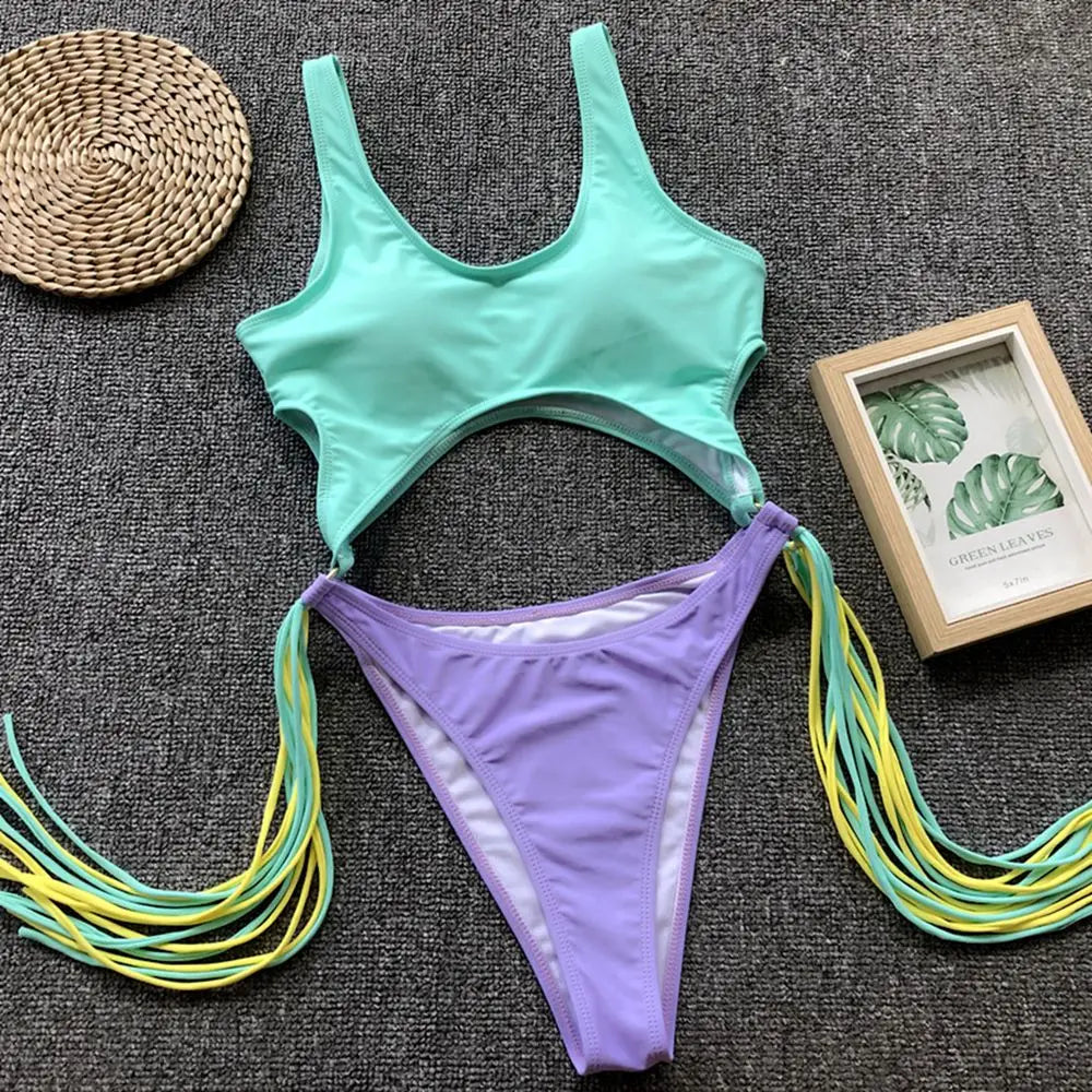 Splicing High Cut Out One Piece Swimsuit Women Tassel Swimwear Female Bathing Suit String Leopard Bikini Monokini Lady