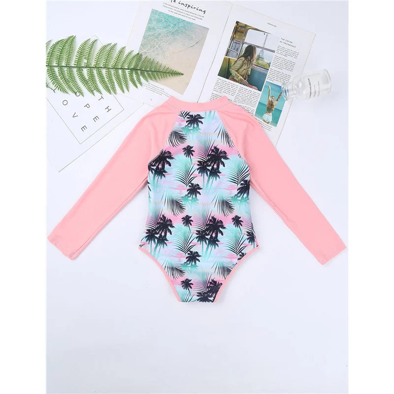 Summer Swimming One-piece Kids Girls Swimsuit Rash Guard Long Sleeves Palm Printed Zippered Bathing Suit Swimwear Beach Wear