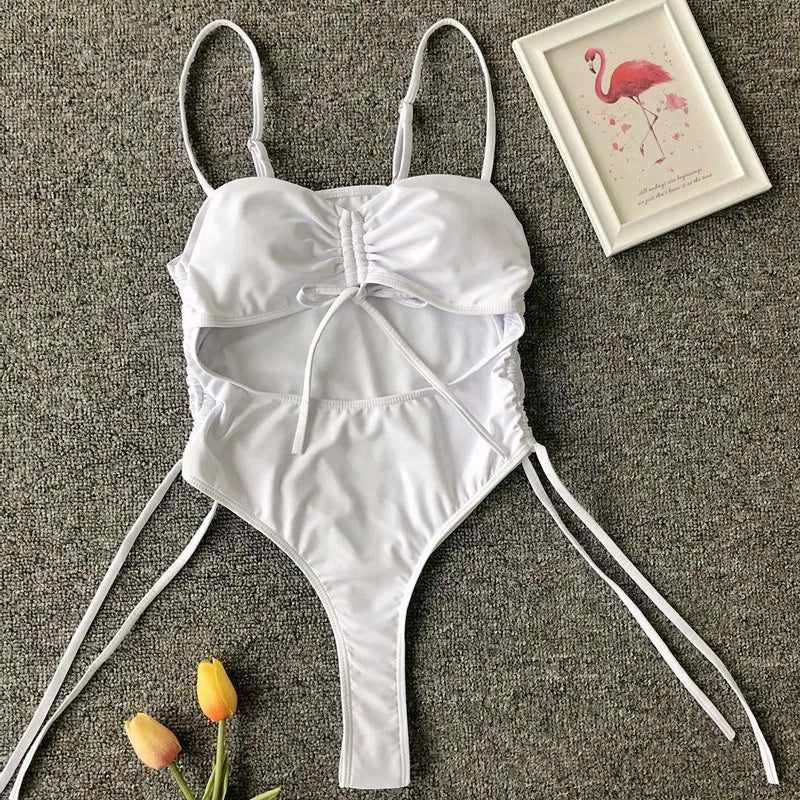 Splicing High Cut Out One Piece Swimsuit Women Tassel Swimwear Female Bathing Suit String Leopard Bikini Monokini Lady