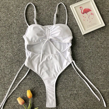 Splicing High Cut Out One Piece Swimsuit Women Tassel Swimwear Female Bathing Suit String Leopard Bikini Monokini Lady
