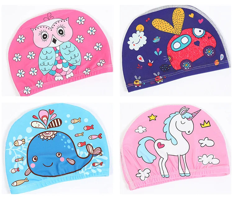 Children Cartoon Swimming Cap Kids Elastic Fabric Swimming Pool Water Sport Protect Ears Hat Swim Bathing Hats Caps Boys Girls