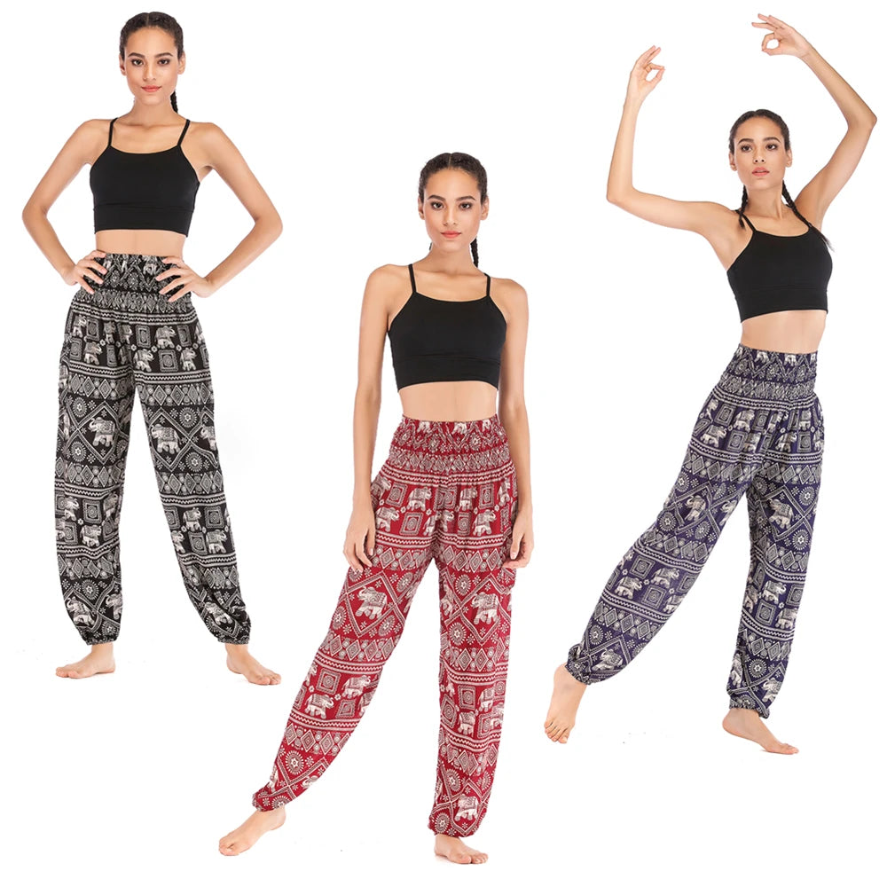 Women's Yoga Pants Bohemian Boho Pants Smocked Printing Design Trousers Loose