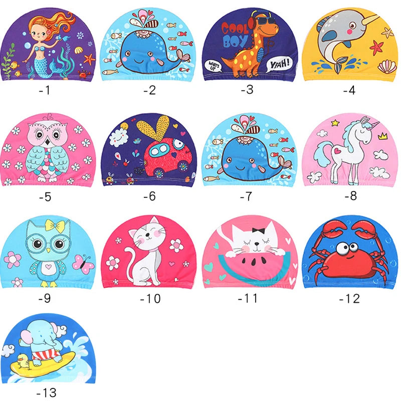 Children Cartoon Swimming Cap Kids Elastic Fabric Swimming Pool Water Sport Protect Ears Hat Swim Bathing Hats Caps Boys Girls