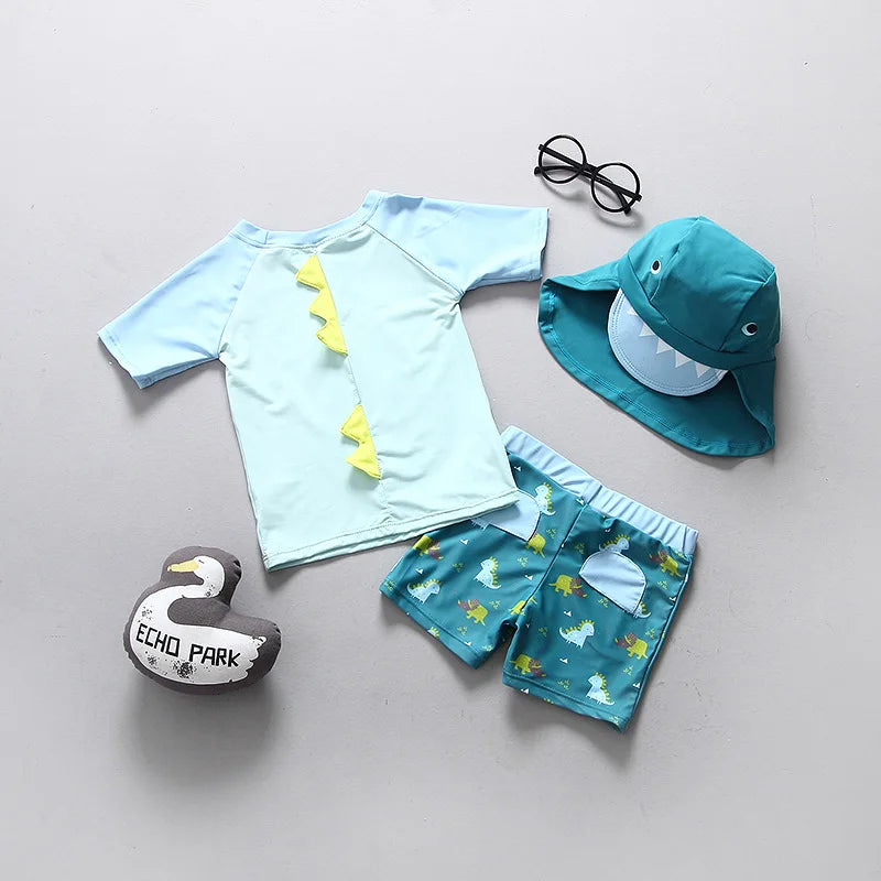Boys' Dinosaur Short-Sleeve Rash Guard Set with Shorts & Hat