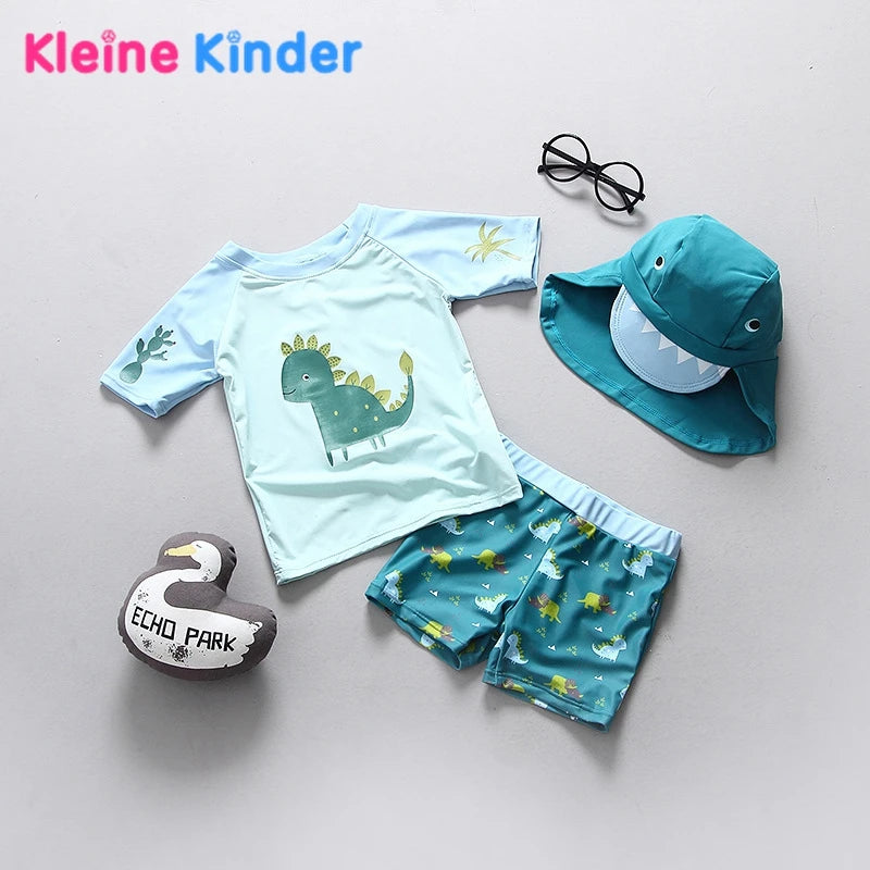 Boys' Dinosaur Short-Sleeve Rash Guard Set with Shorts & Hat