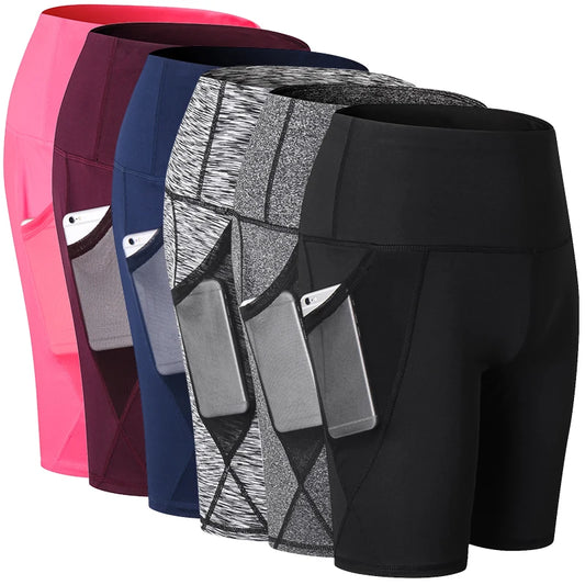 Gym Shorts Women High Waist Compression Quick Dry Yoga Shorts Fitness Running Push Up Shorts Pockets Design