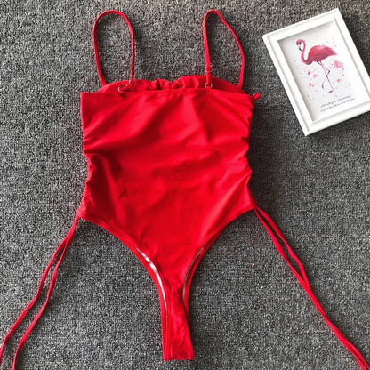 Splicing High Cut Out One Piece Swimsuit Women Tassel Swimwear Female Bathing Suit String Leopard Bikini Monokini Lady