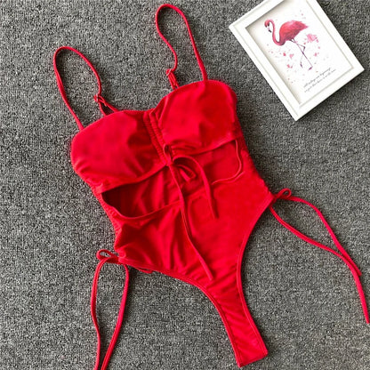 Splicing High Cut Out One Piece Swimsuit Women Tassel Swimwear Female Bathing Suit String Leopard Bikini Monokini Lady