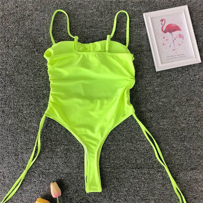 Splicing High Cut Out One Piece Swimsuit Women Tassel Swimwear Female Bathing Suit String Leopard Bikini Monokini Lady