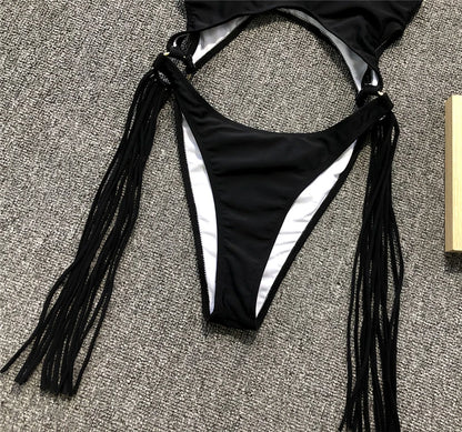 Splicing High Cut Out One Piece Swimsuit Women Tassel Swimwear Female Bathing Suit String Leopard Bikini Monokini Lady