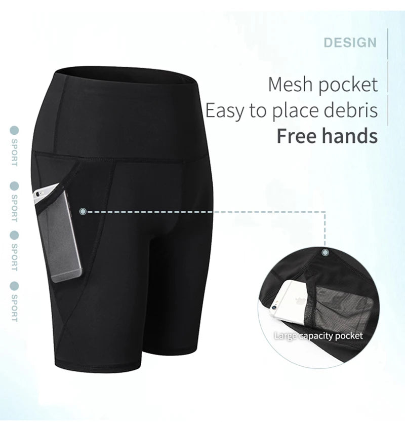 Gym Shorts Women High Waist Compression Quick Dry Yoga Shorts Fitness Running Push Up Shorts Pockets Design