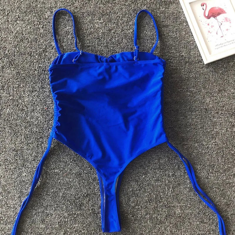 Splicing High Cut Out One Piece Swimsuit Women Tassel Swimwear Female Bathing Suit String Leopard Bikini Monokini Lady