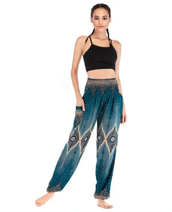 Women's Yoga Pants Bohemian Boho Pants Smocked Printing Design Trousers Loose